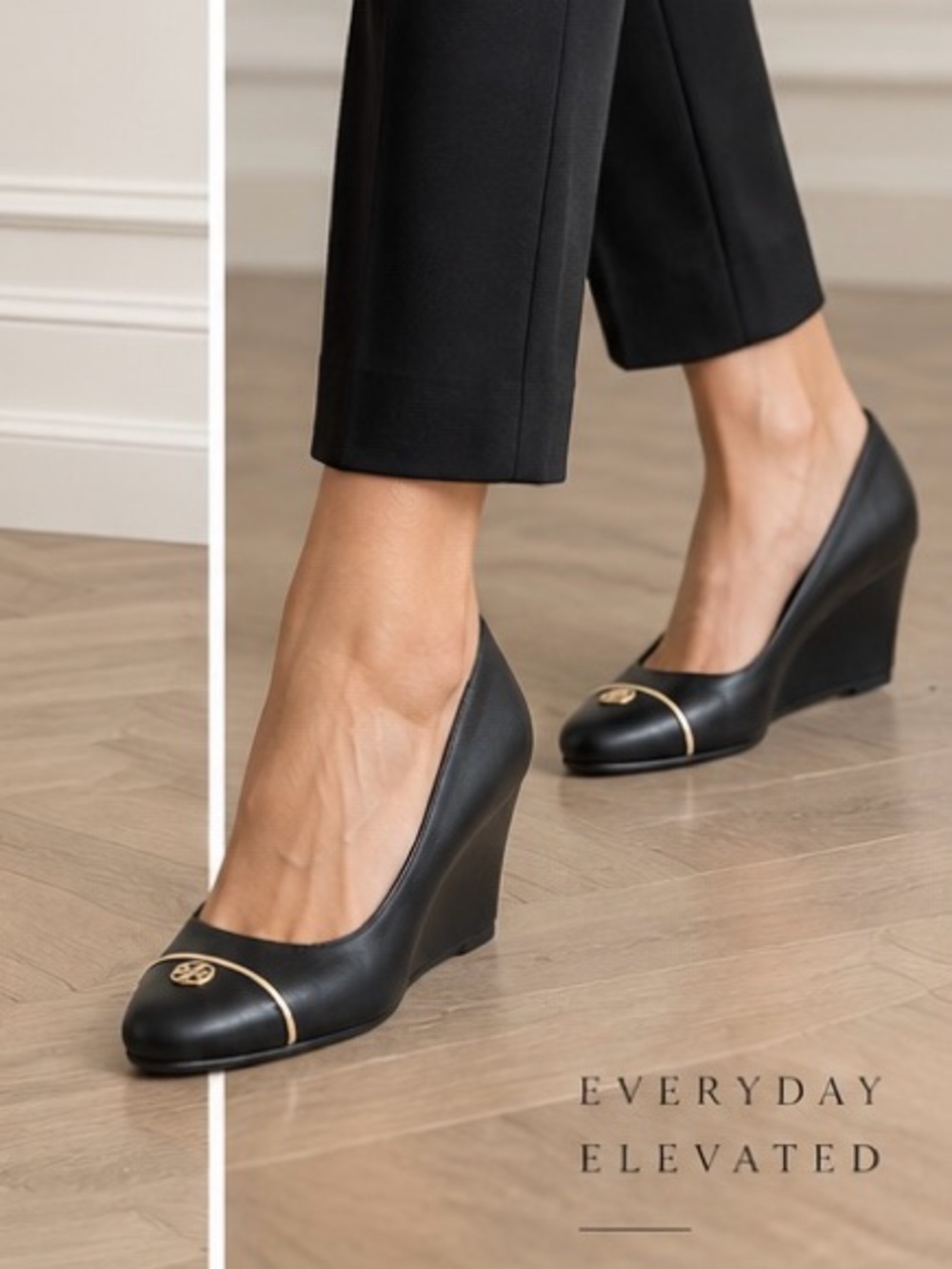 Tory Burch Sally Black Leather Cap Toe Wedge Pumps Size 8